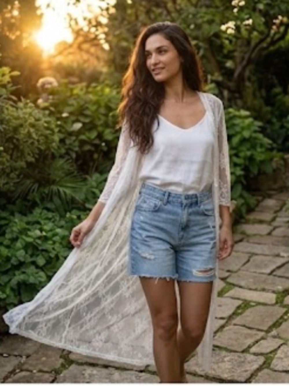 Cover-Up in Ivory White Sheer Romantic Delicate Lace Duster Vacation/ Lingerie